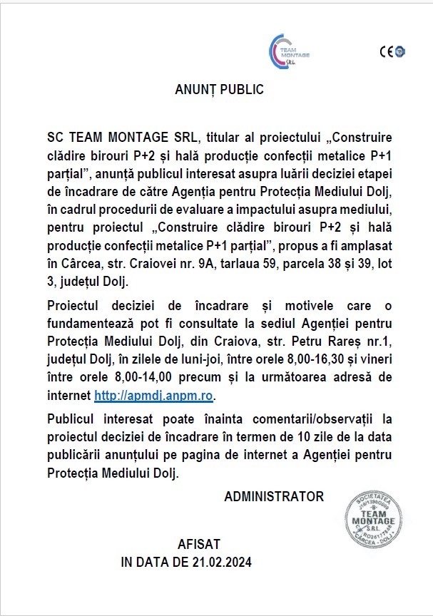 Anunt public privind depunerea solicitarii de emitere a acordului de mediu